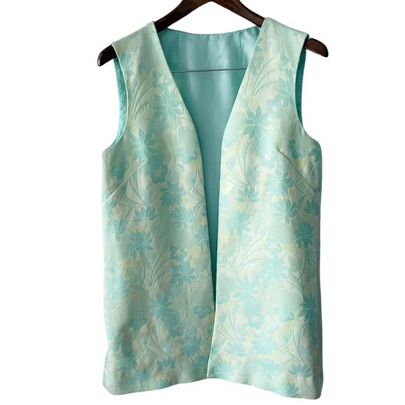 Vintage 70s home sewn retro textured floral imprinted long open vest size M OS - Picture 1 of 8